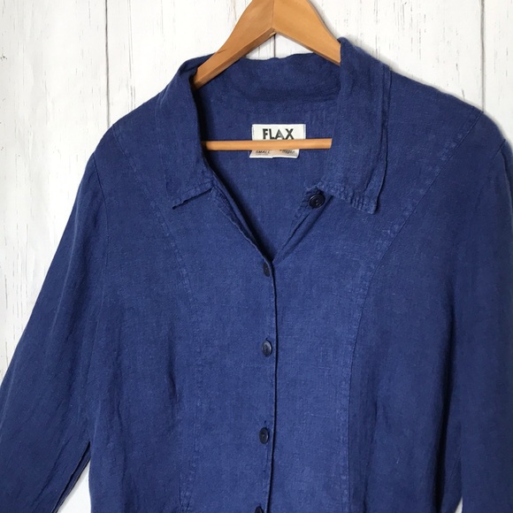 Flax Tops - Flax Blue Linen Button Down Shirt with Pockets SM